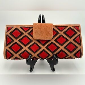 New Red & Black Diamond Tan Suede Clutch Snap Closure Handbag